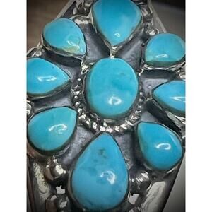 Vintage 925 Philippines Silver Turquoise Cluster Cuff Bracelet 6.5"